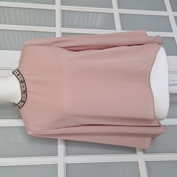 ZARA Sheer Blush Embellished Mock Neck Blouse - Picture 2 of 16